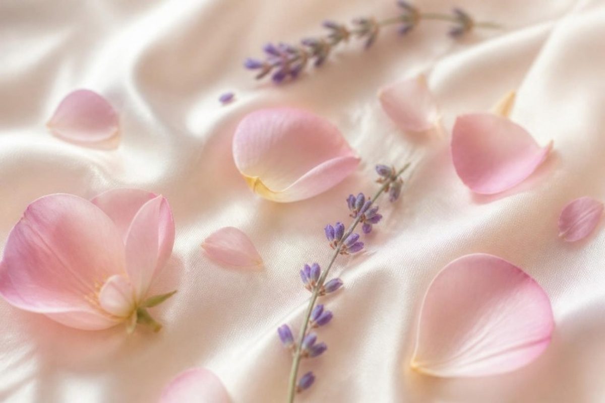 絹の布に散った花びらとラベンダーのイメージ